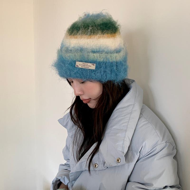 Thick Woolen Knitted Scarf Autumn Winter Rainbow Color Block Striped Versatile Anti-Cold Shoulder Wrap Scarf