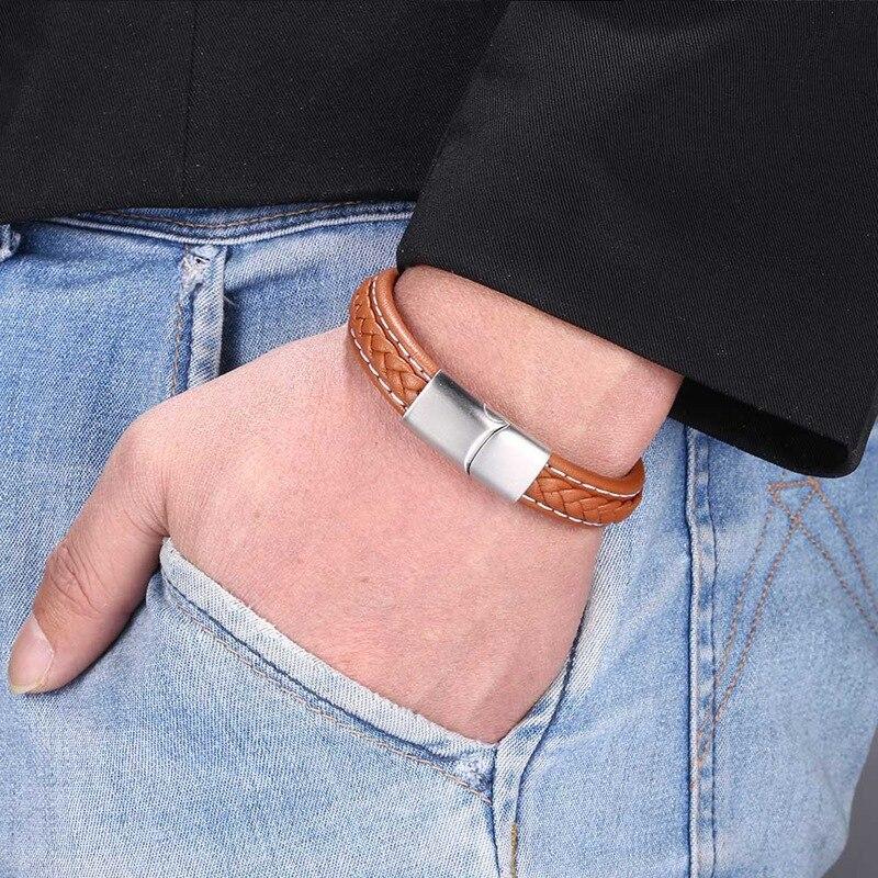 New Punk Men Jewelry Braided Leather Bracelet Stainless Steel Clasp Fashion Bangles Wrap Bracelet Gift
