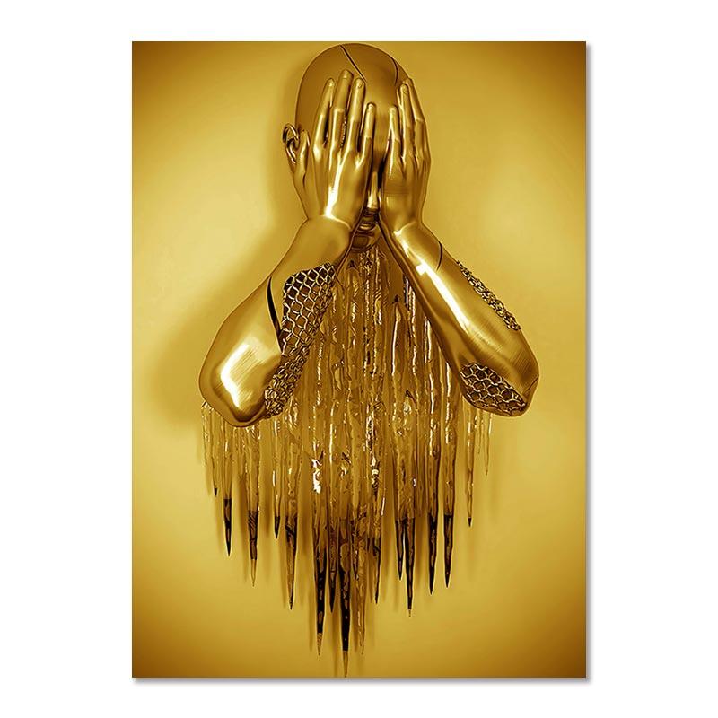 Metal Figure Statue Art Canvas Painting Golden Modern Lovers Sculpture Poster and Print Wall Pictures for Living Room Home Decor
