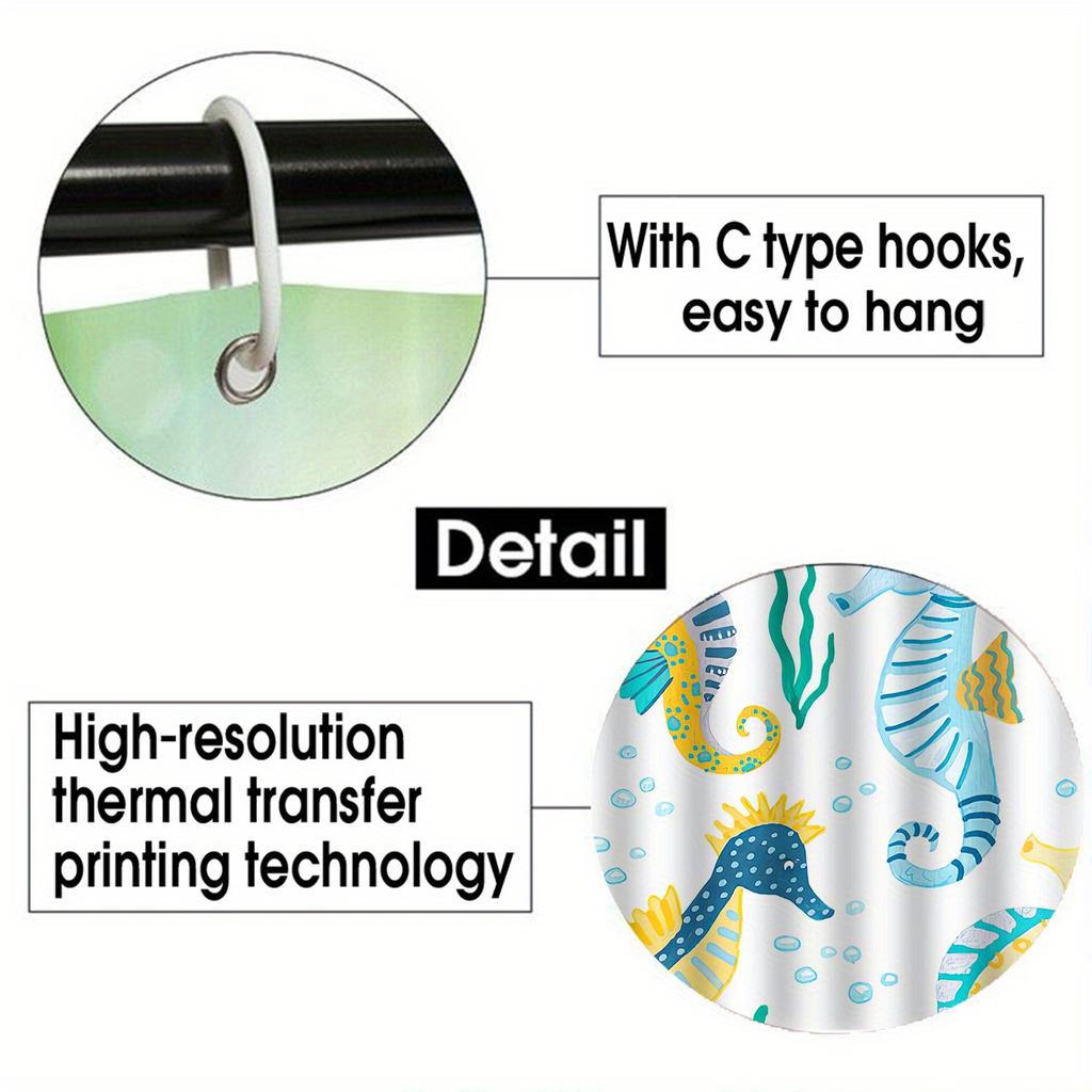 Seahorse Shower Curtain Set With 12 Hooks - Includes Bath Mat, U-Shaped Toilet Mat, Toilet Lid Cover, And Decorative Curtain For