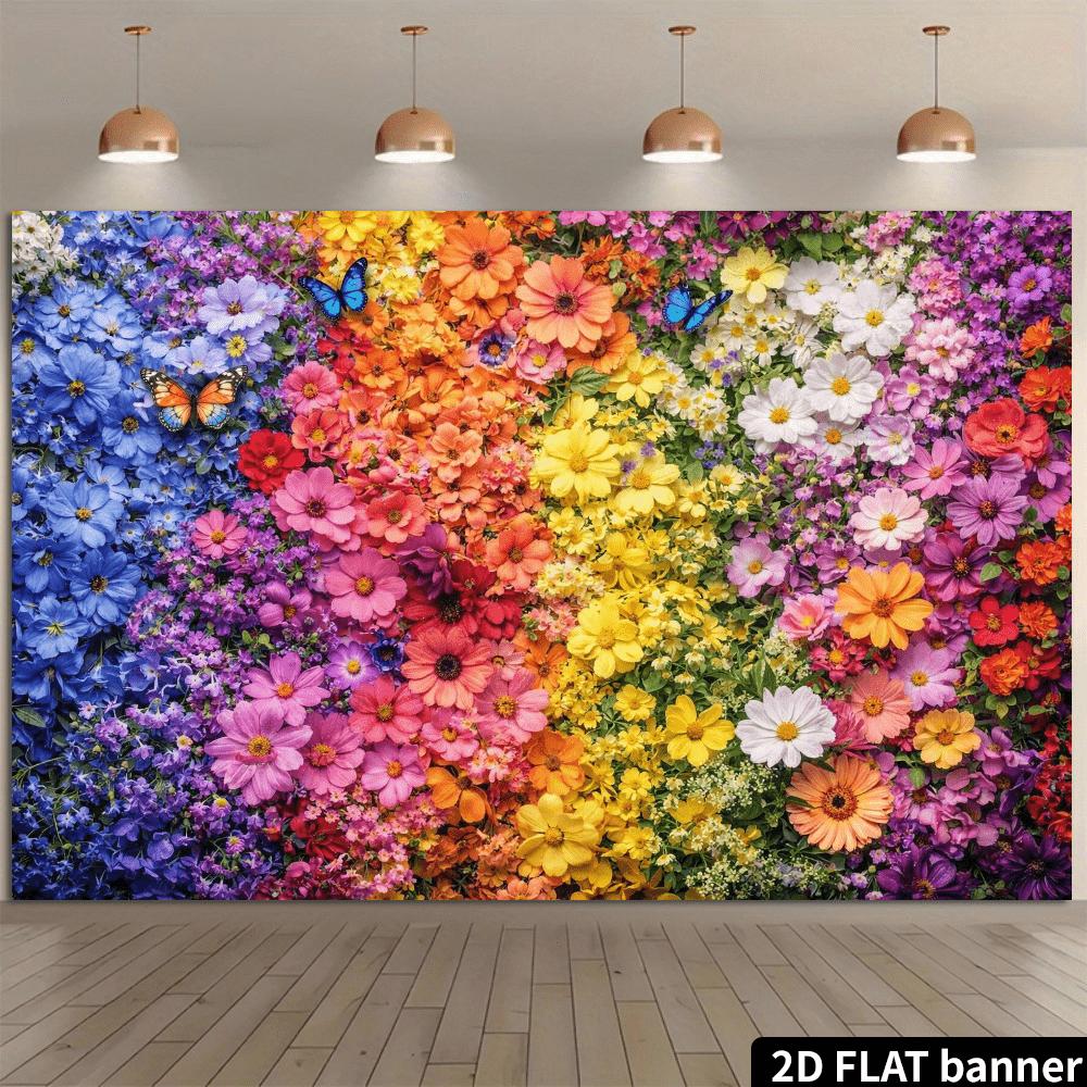 2D plane dense rainbow flower wall backdrop fabric made of polyester fibers with colorful flowers and butterfly patterns