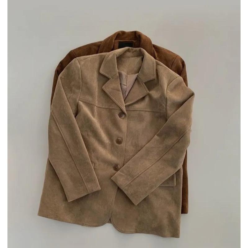 Vintage Korean Style Autumn Blazer Women Loose Fit Long Sleeve Coat with Double Pockets Elegant Office Wear