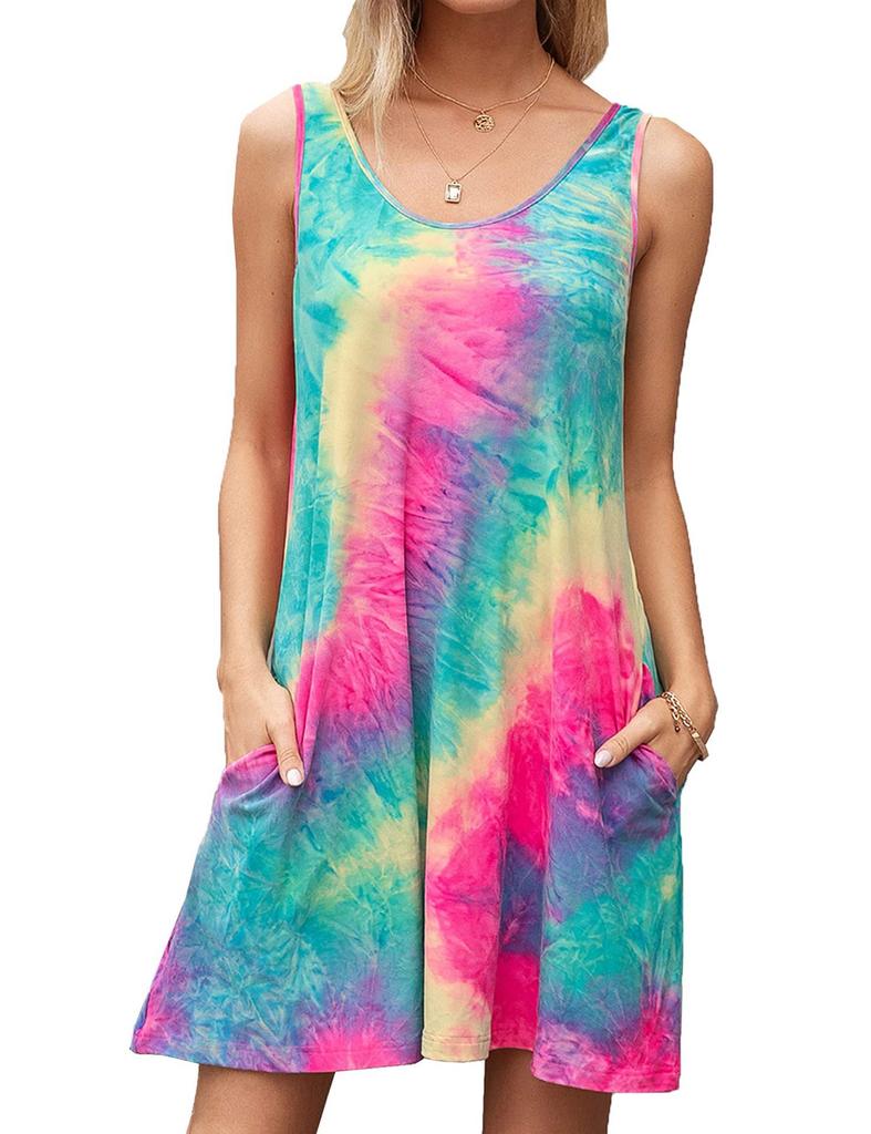 IHUASU Summer Women's Sleeveless U-Neck Pocket Tie-dye Printed Tank Top Halter Dress