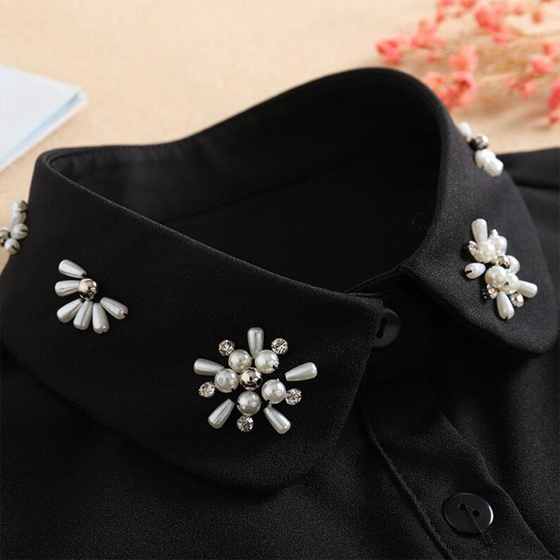 Perfect Match Bead Fake Collar Shirt Women White False Collars Woman Pearl Women Beaded Detachable Collar Necktie Black Chiffon Half Shirt