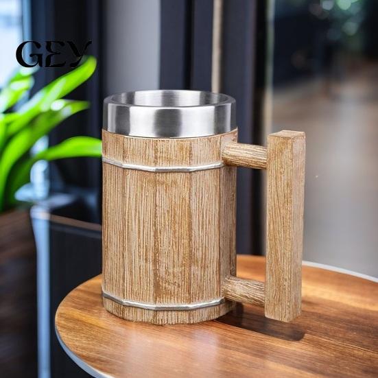 Rustic Wood Grain Beer Cup Barrel Mug, 600ml Stainless Steel Liner Stein, Insulated Mug Tankard for Pub Home Bar Party Gift
