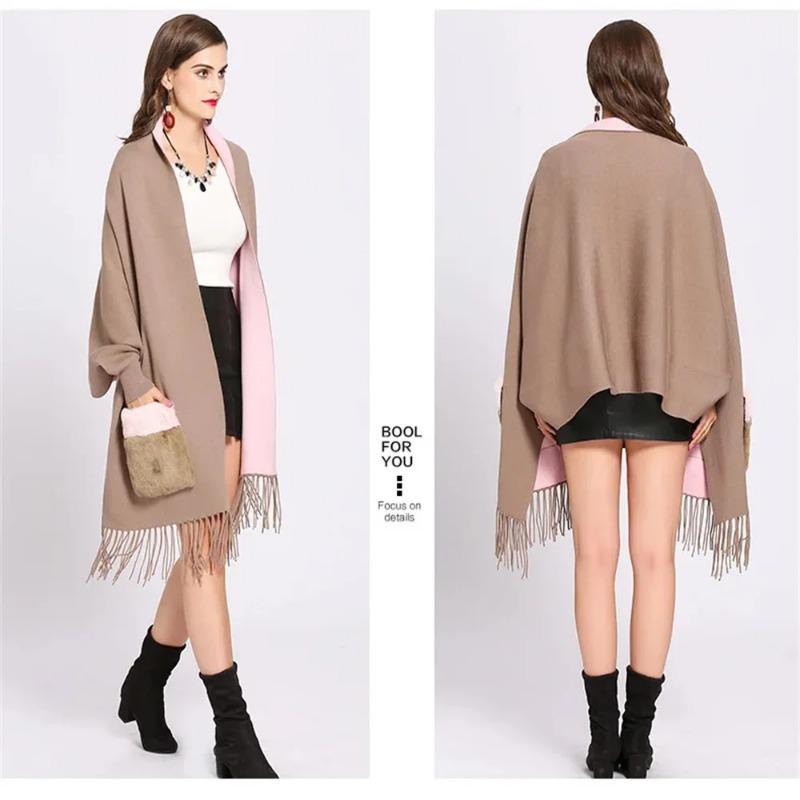 Winter Faux Cashmere Poncho Loose Streetwear Women Batwing Sleeve Shawl Capes Fur Pocket Female Oversize Tassel Knitted Cloak