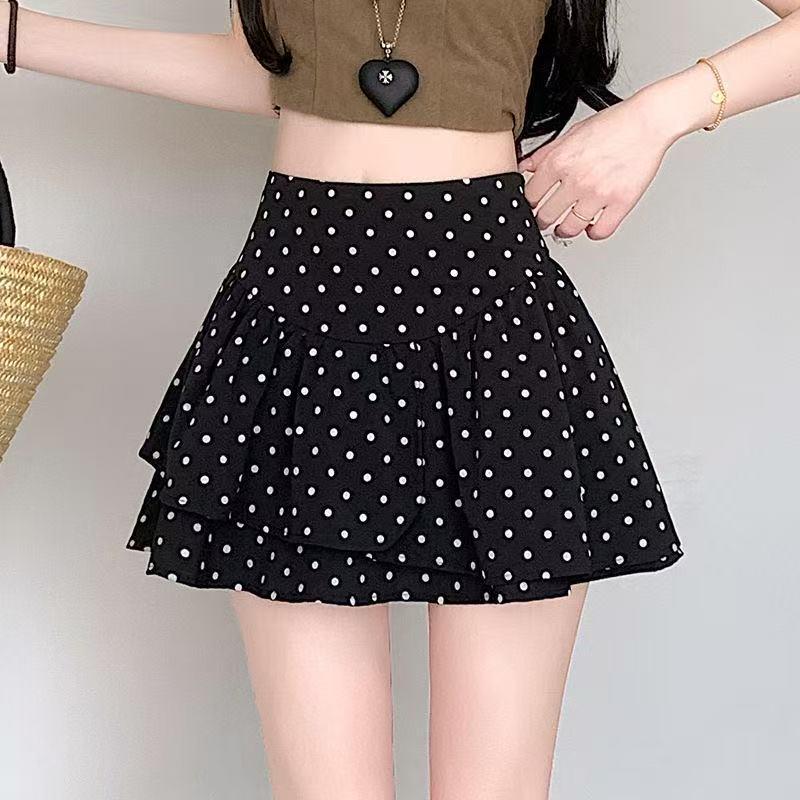Women s Gray Polka Dot Ruffle A-line Skirt - High Waist, Irregular, Short, Fluffy M чёрный