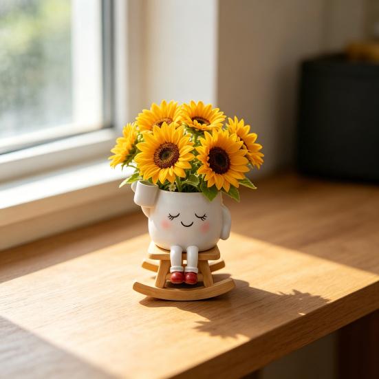 DYS Rocking Chair Plant Pot, Cute Smiling Face Planter, Resin Flowerpot with Drainage Hole for Succulents Indoor Plants