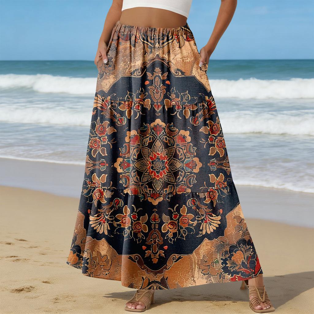 Women's Casual High Waist Drawstring A-line Skirt Color Skirt With Pockets