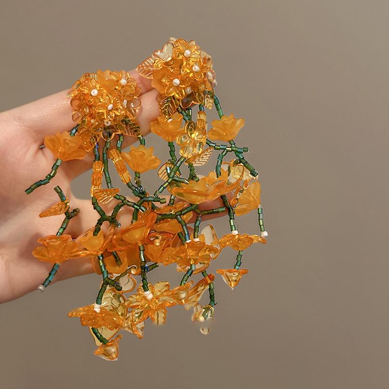Yellow acrylic glass beads flower fringed earrings fashionable fresh studs sweet versatile earrings