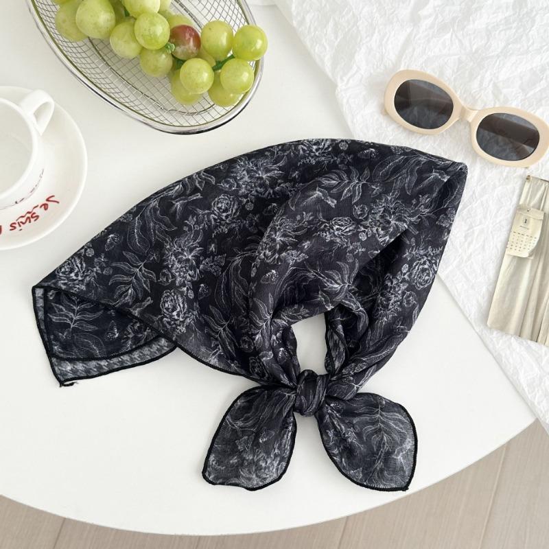 Silk scarf new fashion neck protection small shawl retro literary scarf double-sided floral headscarf headband cotton and linen square scarf