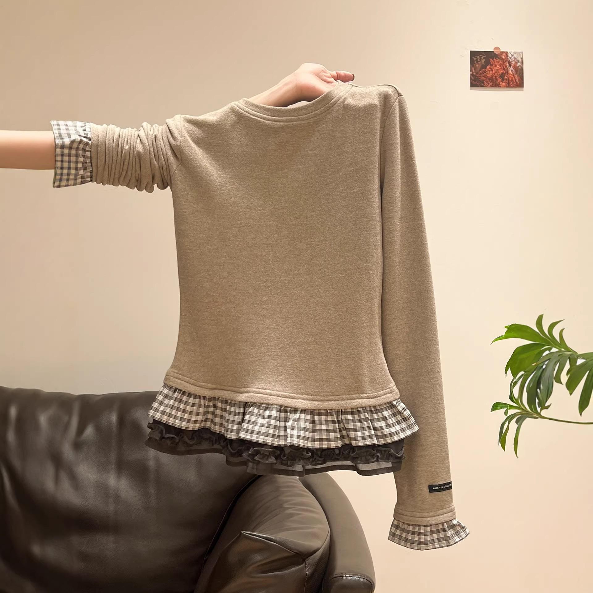 Women s Lotus Lace Hem Thermal Fleece Long Sleeve Slim Fit Top for Autumn/Winter M