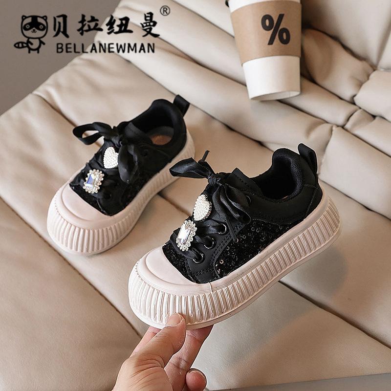 

Glitter Vamp Children Sneakers for Girls Daily Lounging Little Girl Flats Beautiful Love Rhinestone Ribbon Princess Shoes H07262 26 чорний