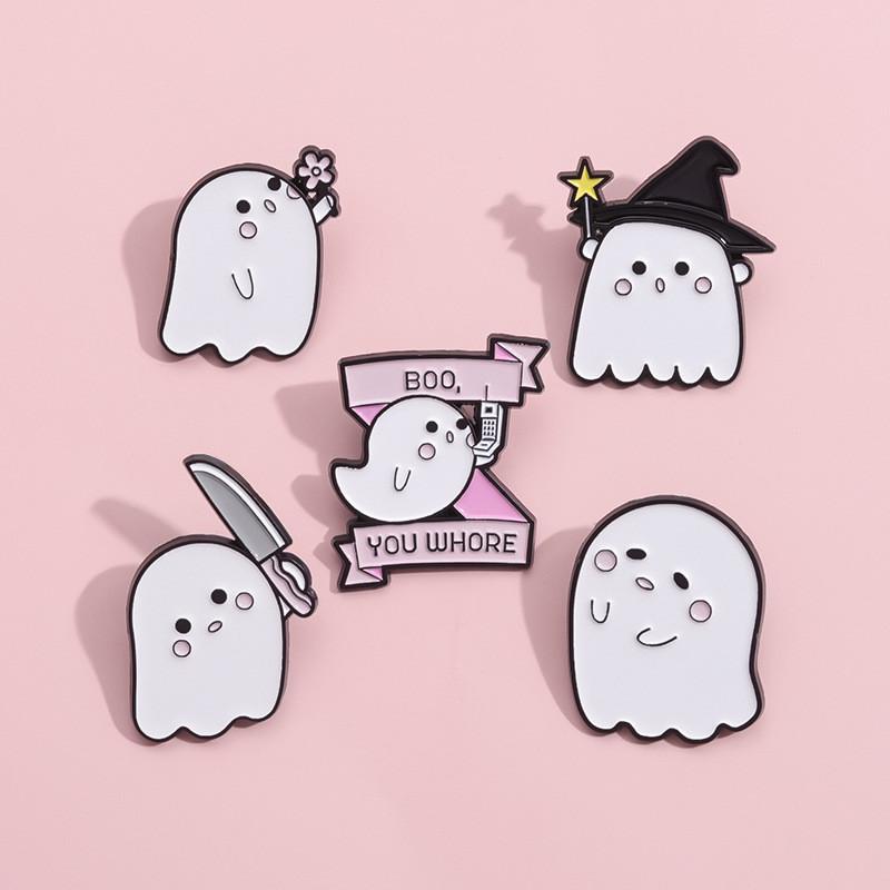 Adorable Cartoon Ghost Shaped Metal Brooch Cute Halloween Series Pin For All