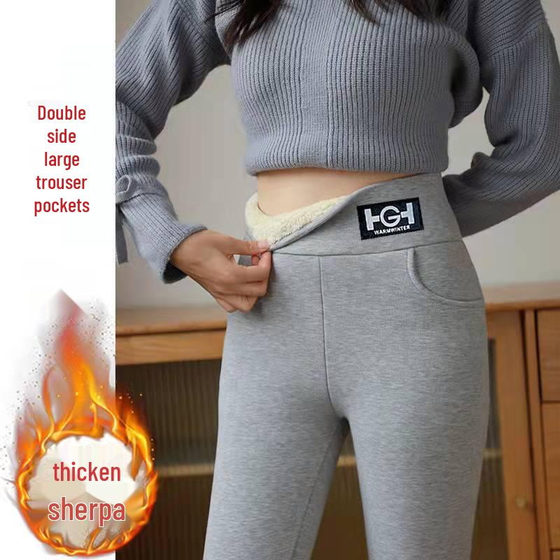 TikTok Heißer Stil Lammwolle Leggings mit Fleecefutter und HG Logo-Tasche - Warme Damen Herbst/Winter Hose