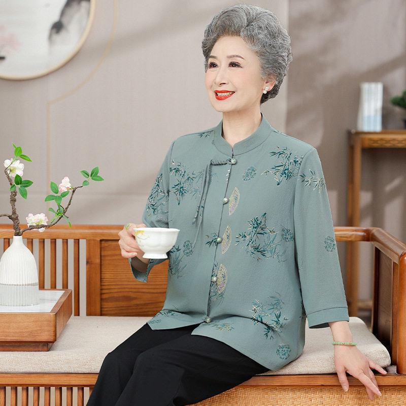 Mom's Spring & Autumn 2026 Chiffon Seven-Sleeve Shirt - New Chinese Style for Middle-Aged & Elderly Women