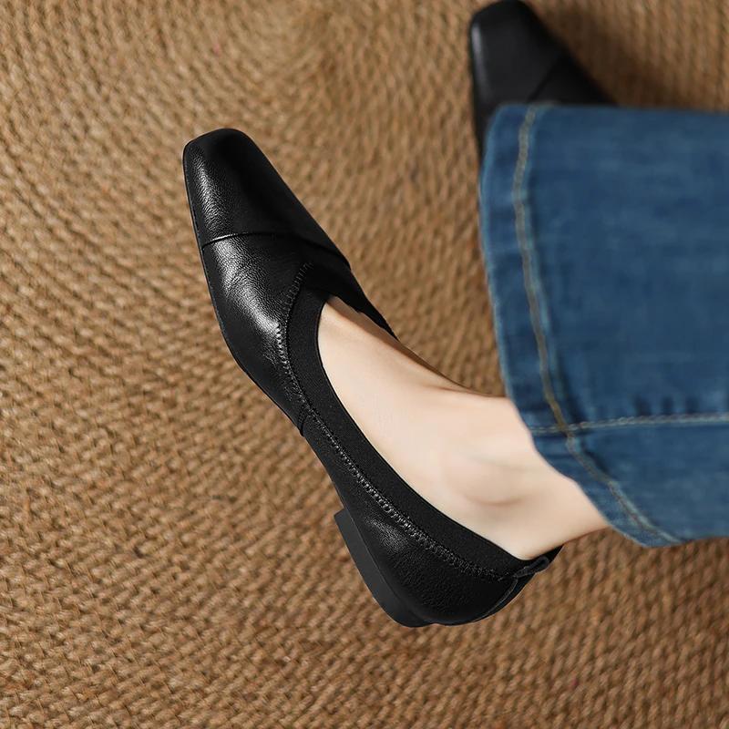 Fashion 2025 Spring Shallow Mouth Square Toe Loafers Shoes for Women Genuine Leather Woman Shoes Fashion Concise Low Heel Women Flats