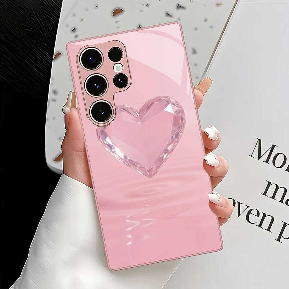 Simple heart-shaped metallic paint glass phone case suitable for Samsung Galaxy S26 S25 S24 S22 S21 S20 FE/Ultra/Plus anti drop