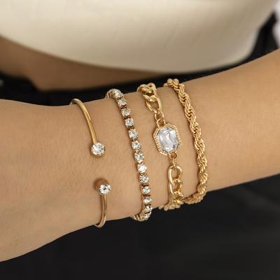 Accessories, Stacked Metal Open Bracelets, Women's Bracelets, Niche Full Diamond Twist Chain Bracelet Set