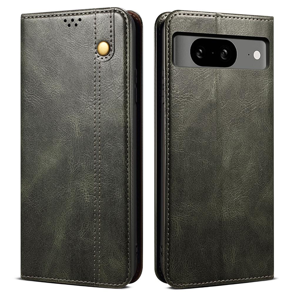 

For Google Pixel 8 Phone Cover Waxy Crazy Horse Texture Leather Stand Wallet Case Green