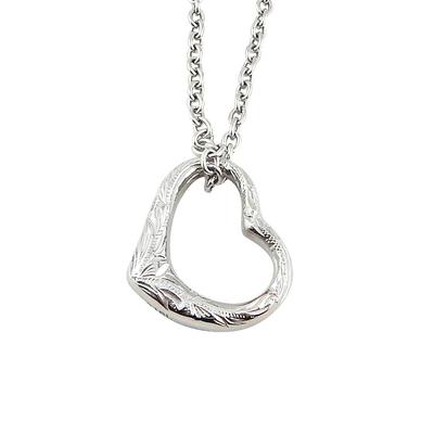 Hawaiian Jewelry Necklace, Stainless Steel, Heart Scroll Asymmetrical Open Heart Silver Pendant, 50cm Cable Chain Included. (Suitable for Women and