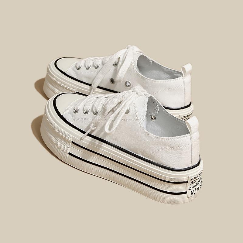 Platform Canvas Shoes Women's Casual Shoes Heightened Round Head Lace-up Low-top Board Shoes White Shoes Heightened