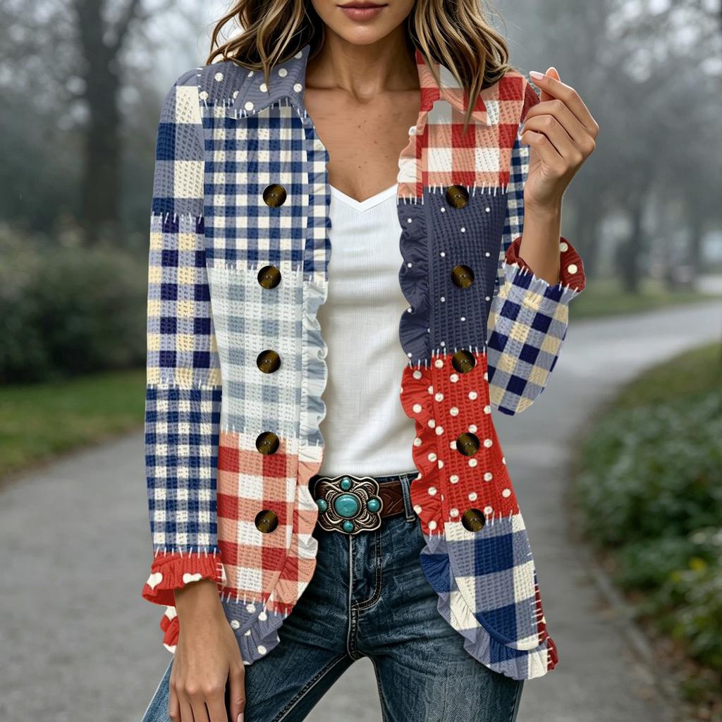 Women's Fashion Plaid Print Long Sleeve Ruffled Open Front Jacket