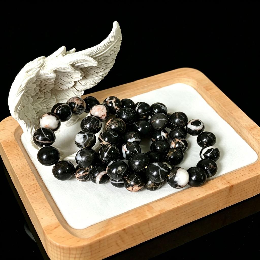 Natural black leaf vein jasper bracelet, round bead crystal bracelet, unisex jewelry, handicraft ornament.
