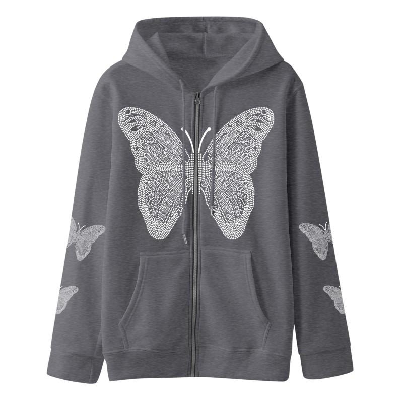 Womens Butterfly Print Zip Hoodie Streetwear Casual Comfort Loose Fit Sweatshirt