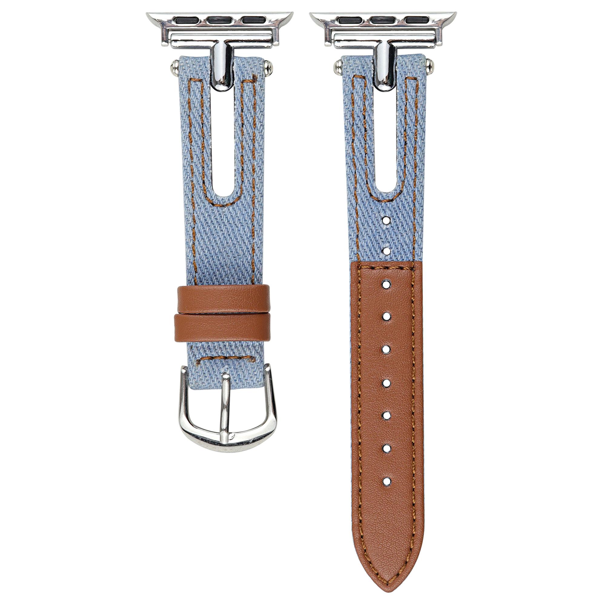 

Denim+Leather Watch Strap for Apple Watch Series 10 46mm/Ultra 2/Ultra 49mm/9 8 7 45mm/SE (2023) SE (2022) SE 6 5 4 44mm/3 2 1 42mm Light Blue+Brown