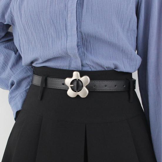 Imitation Leather Women Belt Metal Flower Pin Buckle Adjustable Design