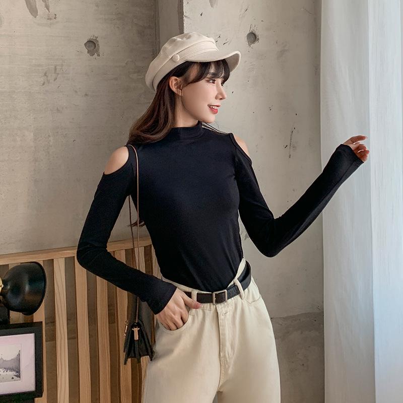 Women's Black Off-Shoulder Slim Fit Long Sleeve Korean Style Top