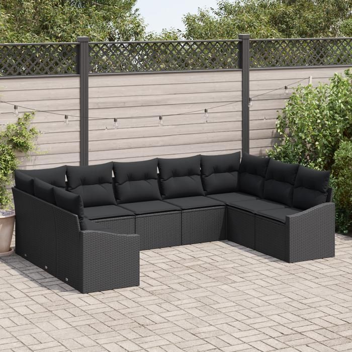 VidaXL Ensemble de salle à manger de jardin 9 pièces avec coussins en poly rattan noir 3355552