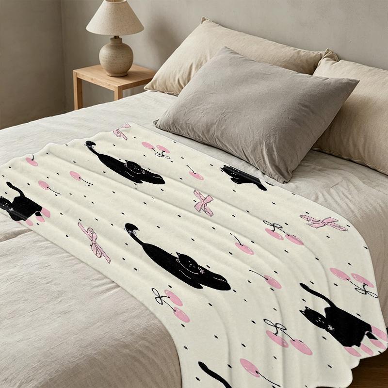 Flannel Throw Blanket No Pilling, Soft Warm Cozy with Cute Black Cat & Cherry Pattern, for Home, Postpartum, Christmas & Halloween