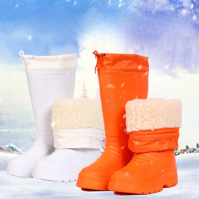 Waterproof Men's Rain Boots Cotton Lightweight Anti Slip Women's Boots EVA Thickened Plush Men Fishing Shoes Outdoor Snow Boots