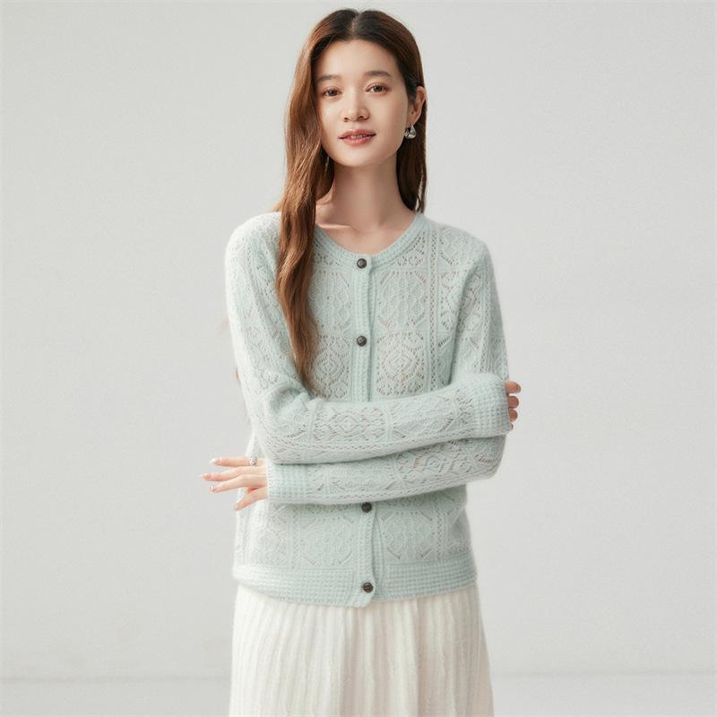 Round Neck Hollow Cashmere Cardigan - 2026 Autumn Women's Elegant Single-Breasted Versatile Warm Outerwear