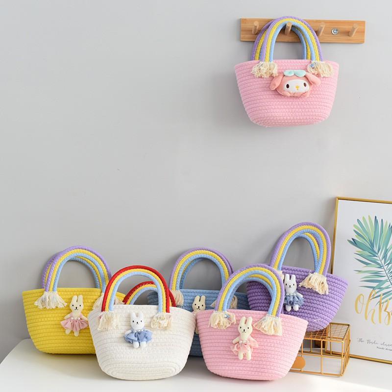 Girls 'bag Korean Rainbow Cloud Handbag Children's Woven Bag Large-capacity Straw