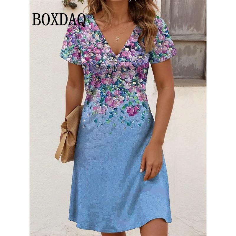 Abiti Estivi Taglie Forti Donna Vintage Floreale Stampa 3D Abito Casual Scollo a V Manica Corta Abiti Larghi Abbigliamento Donna