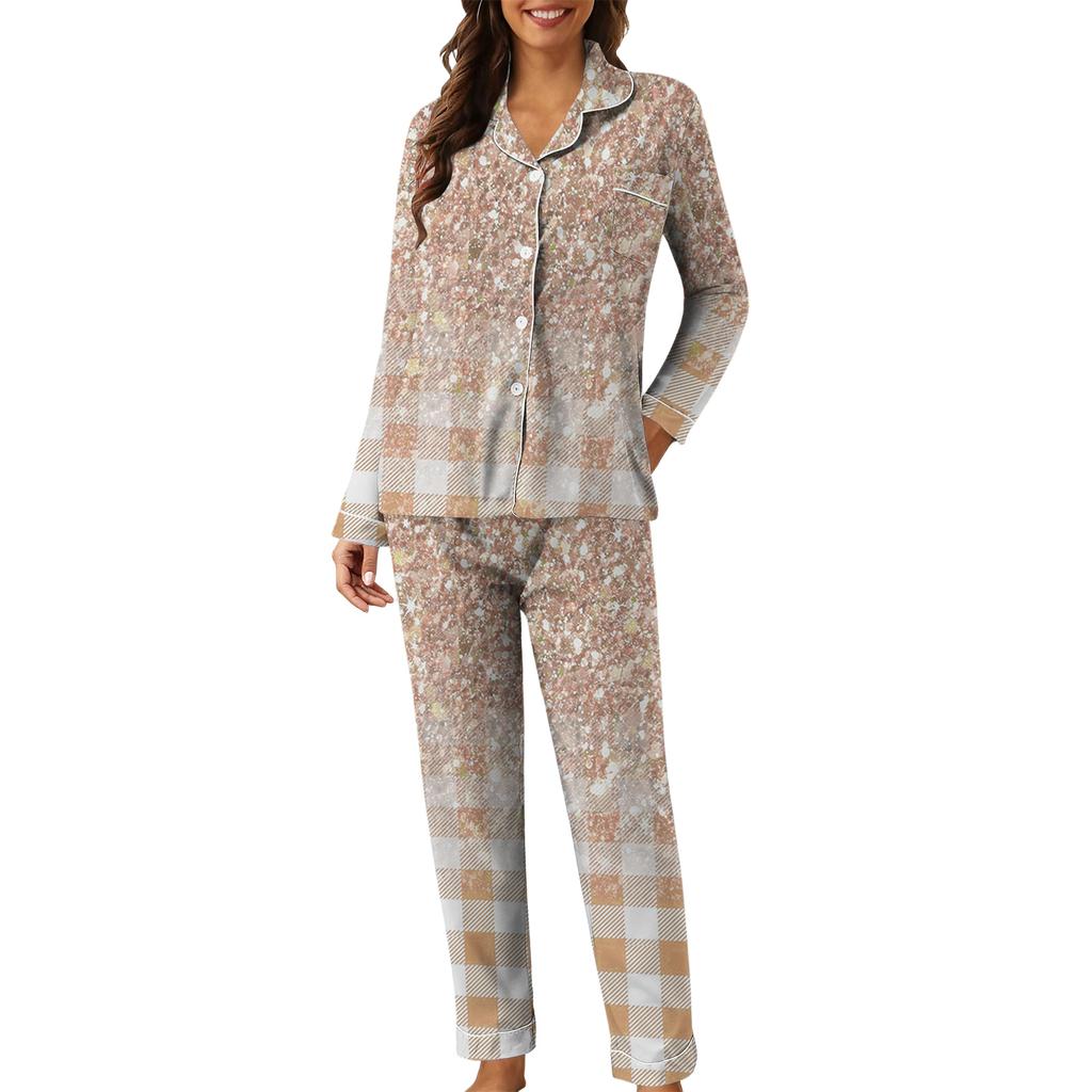Damen Casual Mode Karomuster Patchwork Druck Langarm Hose Loungewear Set