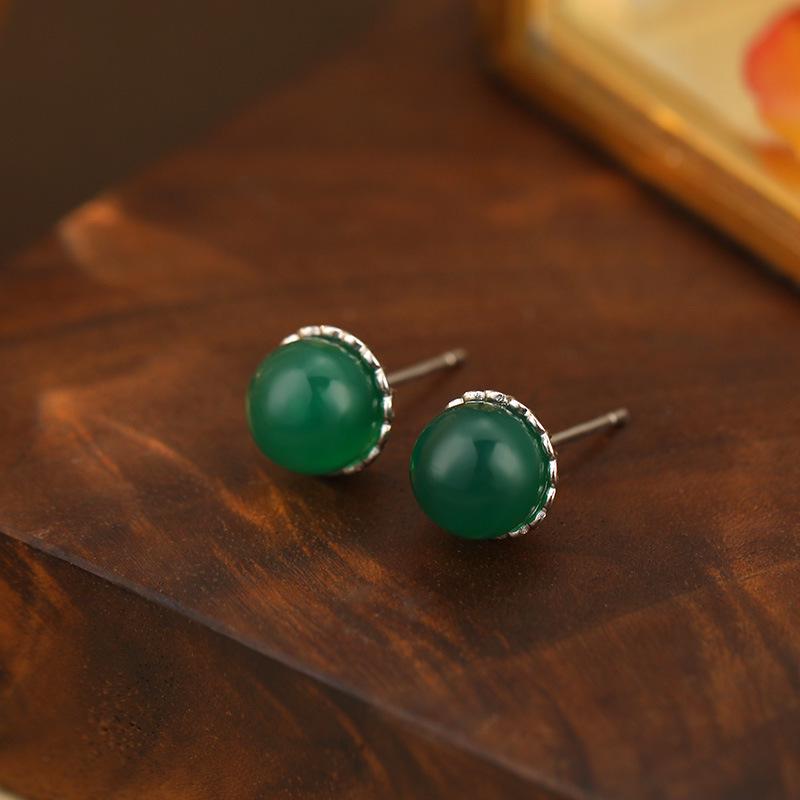 Banyan Tree S925 Silver Chinese Agate Earrings – Retro, Elegant, and Simple Design for Women