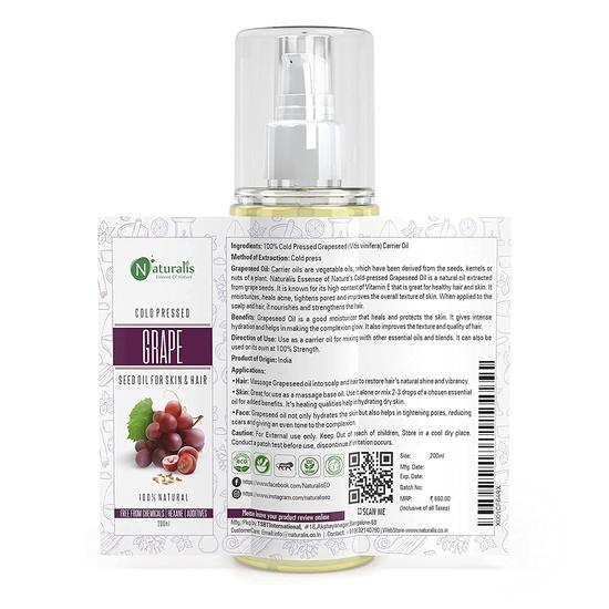 Naturalis Essence Of Nature Cold Pressed Grapeseed Carrier Oil For Hair Growth, Skin Tightening, Face Massage, 200 Ml