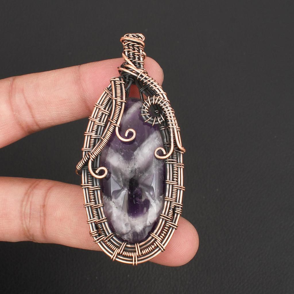 Handmade Copper Wire Wrapped Amethyst Pendant Necklace Natural Purple Amethyst Gemstone Jewelry for Women Vintage Boho Style