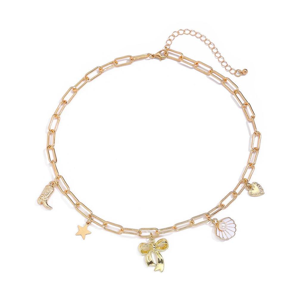Bow Scallop Chain Necklace with Imitation Pearl and Alloy Accents