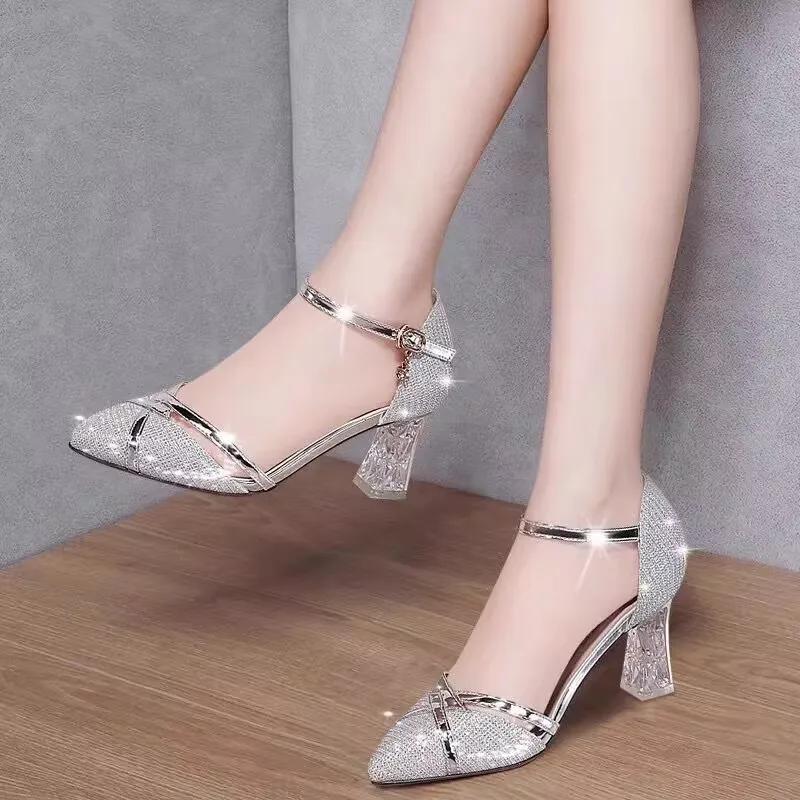Fashion Sexy Gold Women Sandals Party High Heels Slip-On Solid for Ladies Quality Wedding Party Nightclub Sequin Buckle Shoes for Women