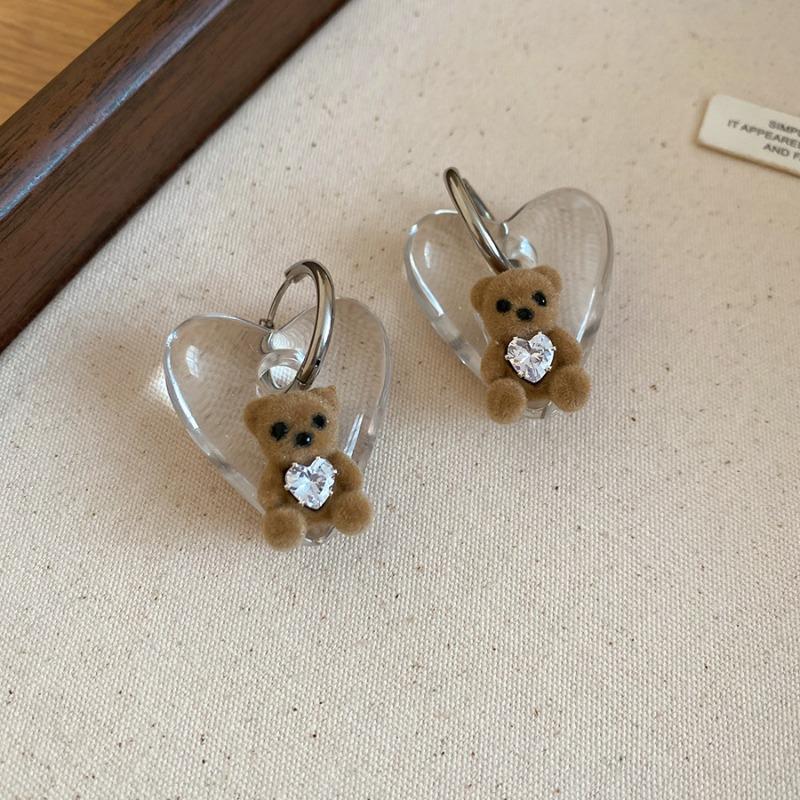 Super flash zircon resin love plush bear pearl necklace ear buckle set niche cute style design jewelry