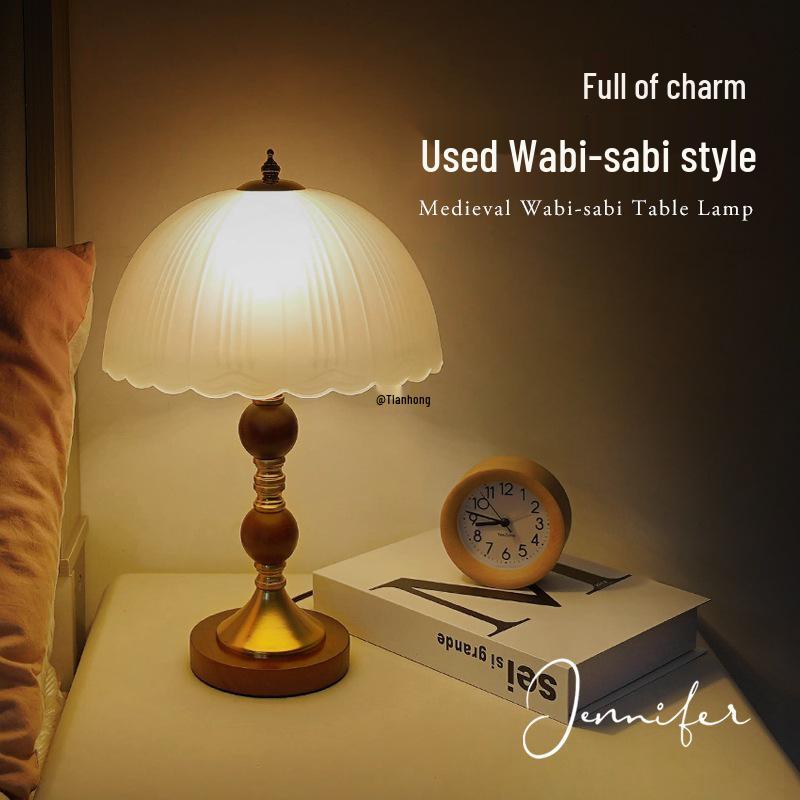 Wabi-Sabi Glass Table Lamp: Retro Solid Wood Bedside Lamp for Bedroom & Study, Light Luxury Night & Ambient Lighting.