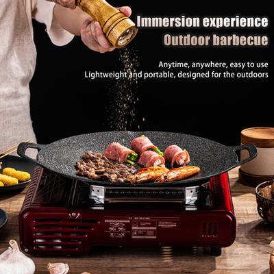 Korean BBQ Grill Pan Non-stick Round Baking Pan for Indoor Cooking Barbecue Tray with Handles Cast Iron Frying Pan for Home Camping