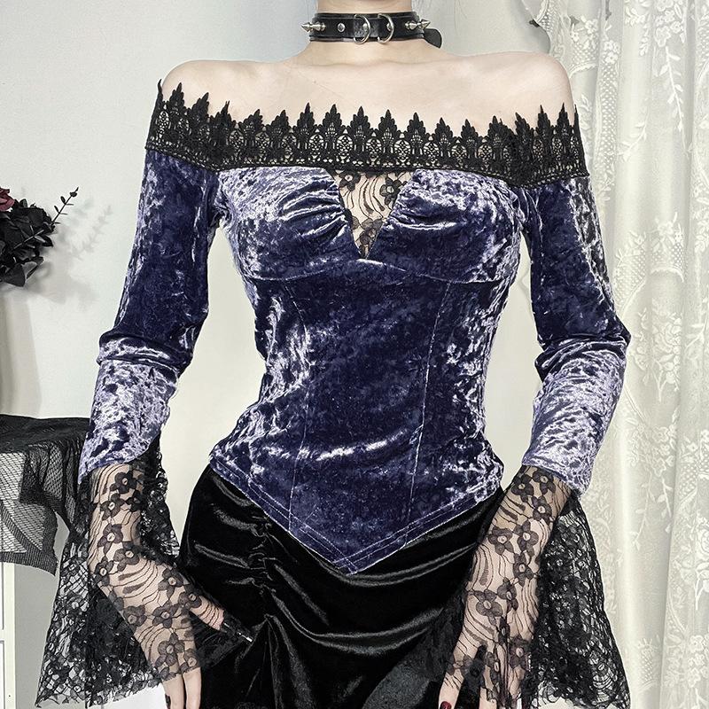 

Футболка AltGoth Aesthetic Dark Gothic Velvet, женская винтажная уличная одежда, элегантные кружевные лоскутные футболки с расклешенными рукавами и укороченными топами S фиолетовый
