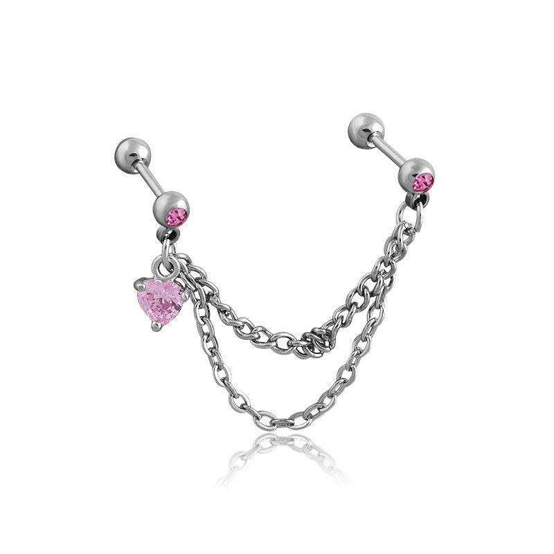 Trendy European & American Titanium Steel Double Chain Heart Zircon Ear Cuff Earrings for Women