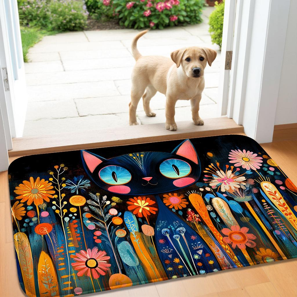 Cute Cat Flannel Kitchen Floor Mat Absorbent Door Mat for Bedroom Living Room Hand Washable
